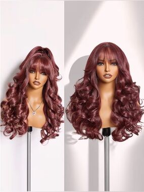 GORGIUS Wig with Bangs Burgundy Synthetic Curtain Realistic Scalp 22 Inch
